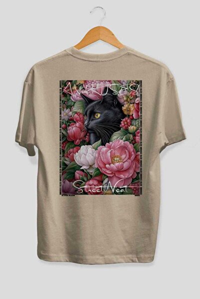 Ankhises For the Love of Cats 88 Cat Printed Beige Oversize T-Shirt 100% Cott...