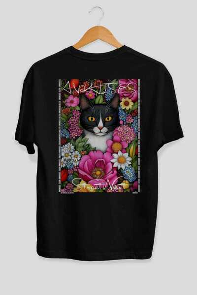 Ankhises For the Love of Cats 16 Cats Printed Black Oversize T-Shirt 100% Cot...