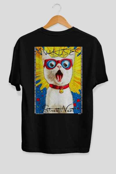 Ankhises For the Love of Cats 36 Cats Printed Black Oversize T-Shirt 100% Cot...