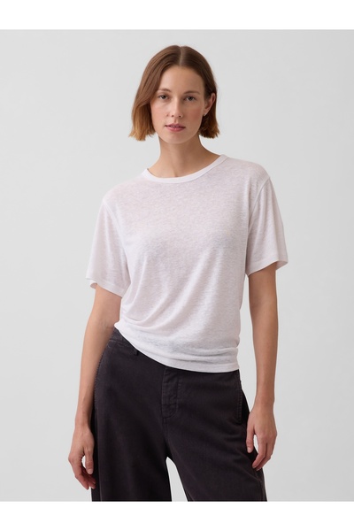 GAP Kadın Beyaz Keten Karışımlı Relaxed T-Shirt
