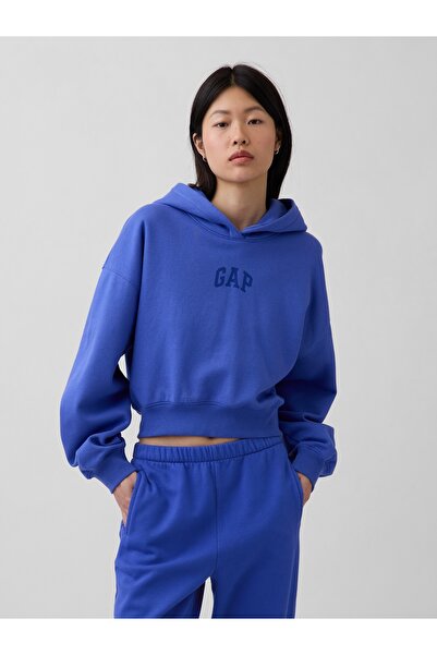 GAP Kadın Kobalt Mavisi VintageSoft Oversized Crop Logo Sweatshirt