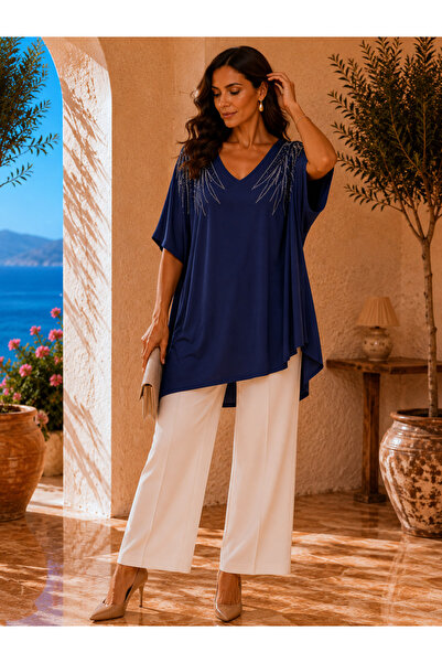 TUSSE Women's Crew Neck Shoulder Stone Embellished Viscose Stretchy Plus Size...
