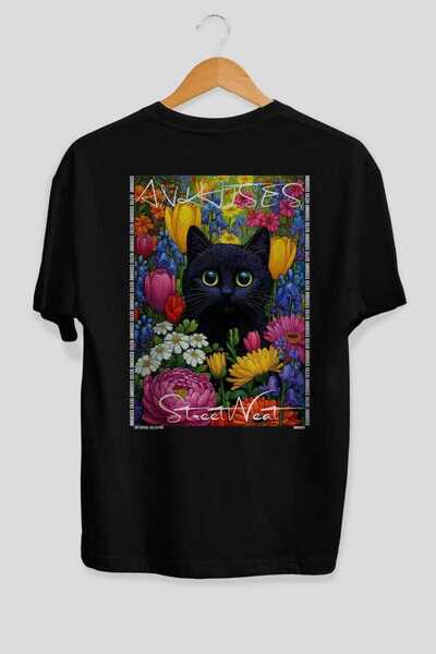 Ankhises For the Love of Cats 51 Cat Printed Black Oversize T-Shirt 100% Cott...