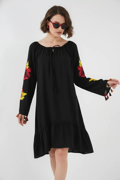 Efnaz style Women's Wide Round Neck Tassel Sleeve Embroidered Floral Pattern ...