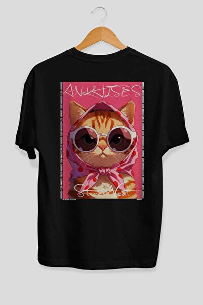 Ankhises For the Love of Cats 3 Cats Printed Black Oversize T-Shirt 100% Cott...