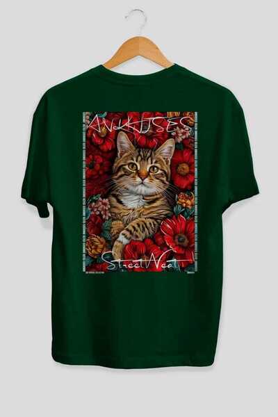 Ankhises تي شيرت أخضر كبير الحجم مطبوع عليه عبارة "For Cat Lovers 1 Cat" مصنو...