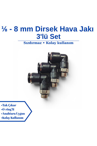 Firetech 1/8 - 8mm Dirsek Hava Jakı - Pnomatik Jak - Hortum Jakı - 3'lü Set