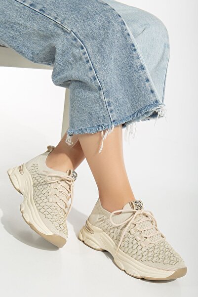 İncim Casual Comfortable Lace-Up Walking Shoes Beige Women's Sneakers for Dai...