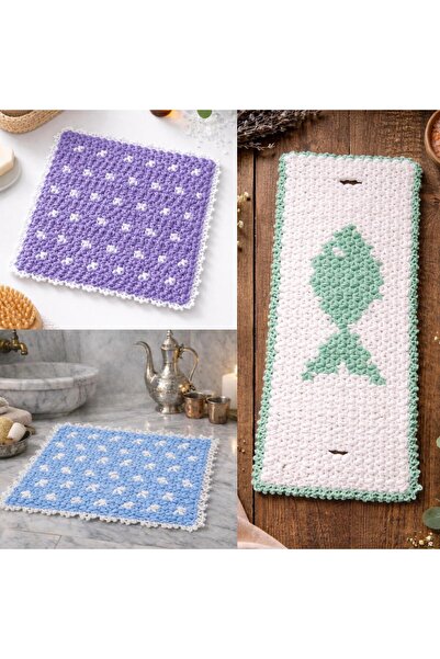 LİLORA Hand Knitted Bath Washcloth Set of 3 – Fish Patterned and Square Model...