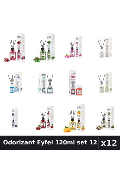 Eyfel Set 12 Odorizant Cameră Betișoare 120ml - 12 Arome Asortate, Parfum Intens