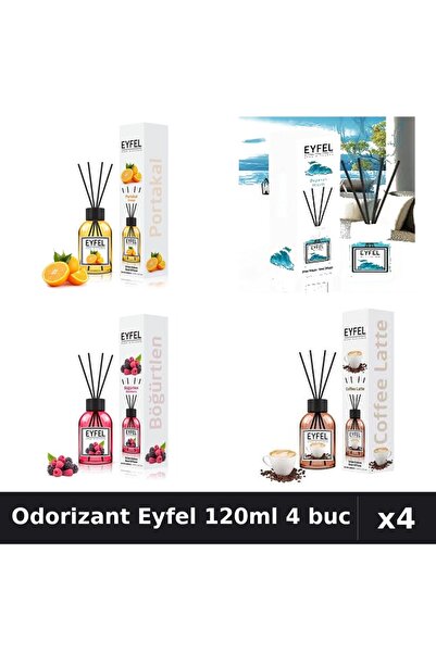 Eyfel Set 4 Odorizant Cameră Bețișoare 120ml - Portocală, Ocean, Fructe Pădur...