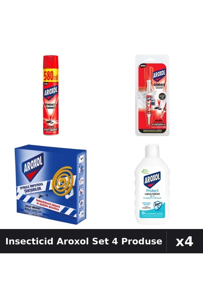 Aroxol Set 4 Insecticid - Spray 580ml, Pastile 5g, 10 buc, Loțiune 200ml - Pr...