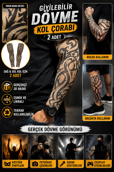Tamsena Store 3D Baskılı Giyilebilir Dövme Kol Çorabı 2 Adet Gerçekçi Dövme G...