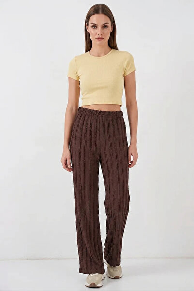 buğrahayalin Women's High Waist Textured Brown Trousers