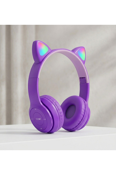 PİYATECH RGB Led Işıklı Kedi Kulaklı Kablosuz Bluetooth Kulaklık Mikrofona Sa...