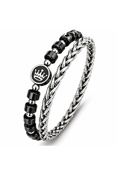 OutfitModa Set Brățări Bărbați Black Silver Crown 🎁 Cadou Modern Premium