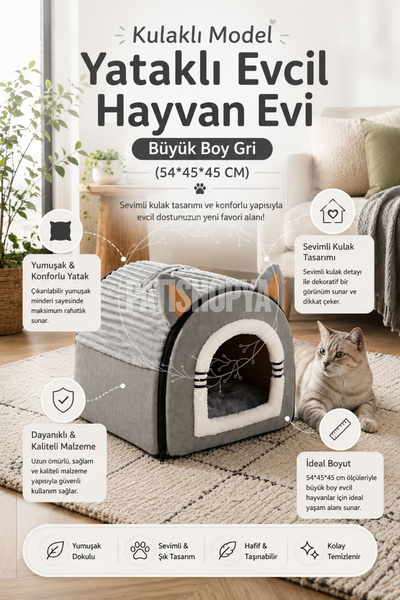 PATİSHOPYA Büyük Boy Yataklı Evcil Hayvan Evi Gri 54x45x45 Cm Kulaklı Model K...