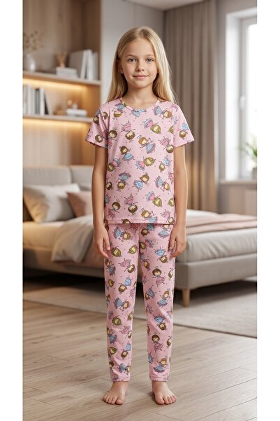 Girls Pink Cotton Prense Pattern Summer Pajamas Set