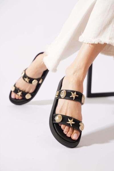 Moda Pie Densar double strap buckled detail women's suede slippers - black