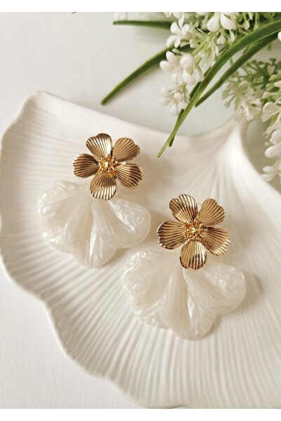 Halley Concept White Soleil Flower Form Steel Dangle Earrings 5X5 cm