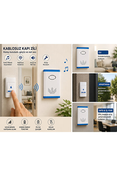 kialed Kablosuz Kapı Zili Pilli Wireless Door Bell 100 Metre Menzilli Güçlü S...