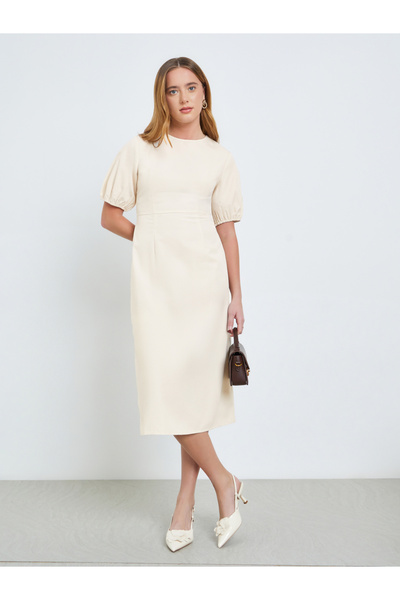 Take Two By Styli Beige Sleeveless Midi Dress with Fold Pleat