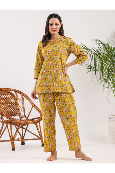 Sanskrutihomes By Styli Mustard Printed Cotton Longline Top and Pants Set