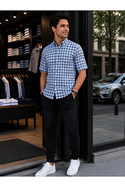 GÖMLEK GALERİSİ Men's Classic Wide Cut Plaid Cotton Short Sleeve Shirt
