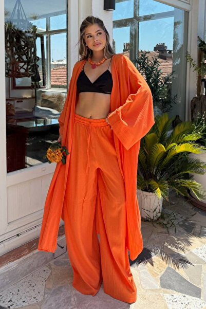 Nana & Mayka Moda Set kimono portocaliu pentru femei, combinație boemă de var...
