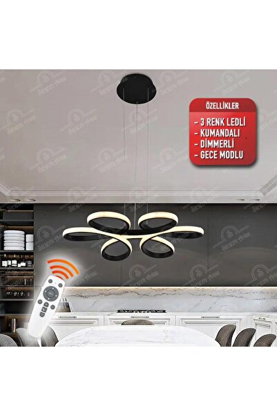 Elektroyou Star Siyah Kumandalı 3 Renk Ledli Dimmerli Sarkık Modern Ledli Avize