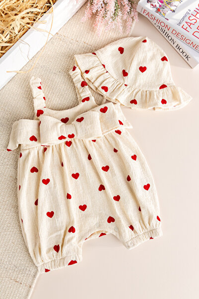 Babymod Şapkalı Kalp Desenli %100 Pamuk Yazlık Kız Bebek Tulum Set Takım