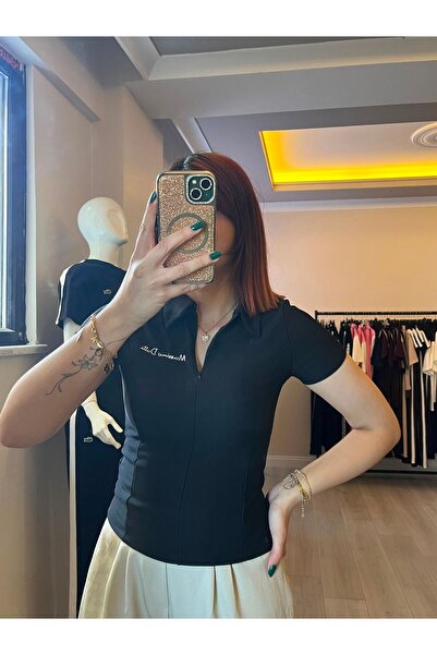 Store kadın polo yaka fitilli kısa kollu bluz