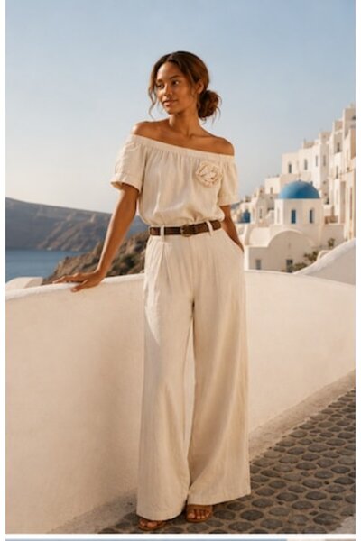 OEM Set elegant casual de damă cu bluză cu umerii goi și pantaloni largi, bej...
