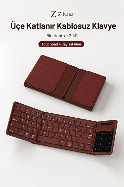 Zilvana Kumaş Dokulu Arka Kapaklı Üçe Katlanır Bordo Kablosuz Klavye Bluetoot...