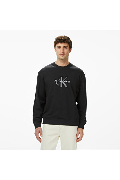 Calvin Klein Férfi 100% pamut CK logós, kerek nyakú, hosszú ujjú fekete pulóver