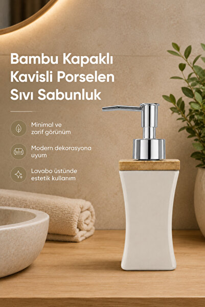 Vienev Porcelanski dozator za tečni sapun sa bambusovim poklopcem, zakrivljen...