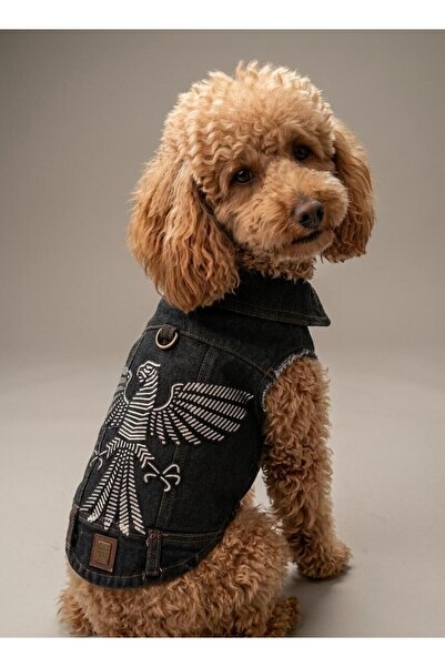 Köpek Kartal Baskı Detaylı Bej Kot Yelek Denim Pet Kıyafeti