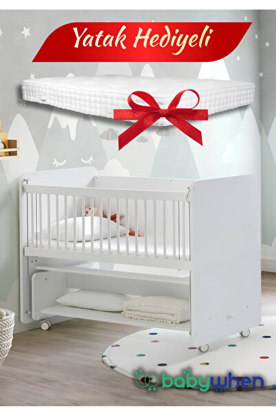 Babywhen Beyaz Anne Yanı Bebek Beşiği 60x120 Sallanır Tekerlekli + Yatak Hedi...