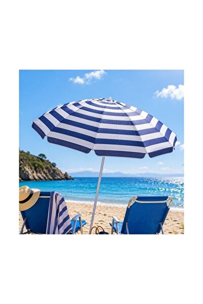 OEM Umbrela de Plaja Albastra cu Dungi Albe, Cadru Metalic Solid, Protectie U...