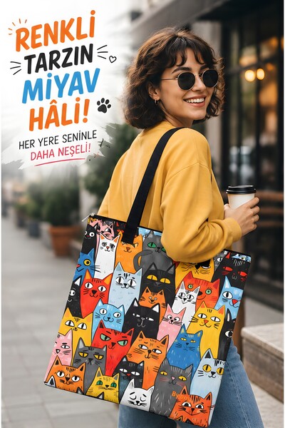 BYBAG Renkli Kedi Desenli Omuz Çantası Kadın Tote Bag Oxford Kumaş Fermuarlı ...