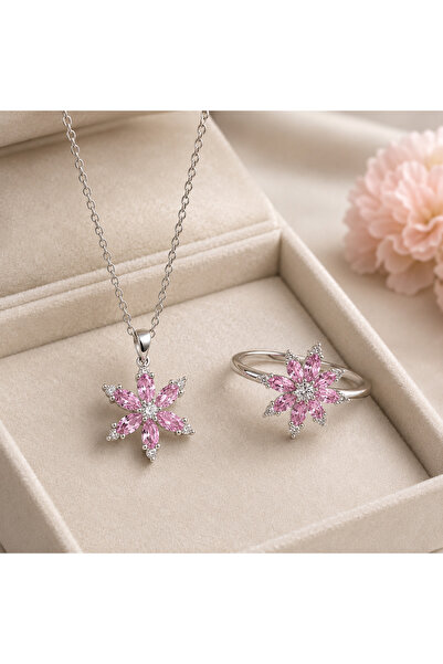 Selvica Pembe Lotus Kolye ve Ayarlanabilir Lotus Yüzük Seti Zirkon Taşlı Kara...
