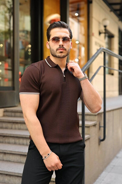 Butik Men's Line Patterned Zipper Collar Short Sleeve T-Shirt