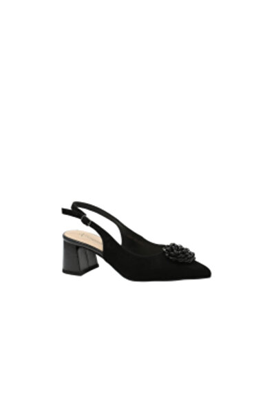 Anna Viotti Slingback Shoes with Pointed Toe and Flower Application, Black Su...