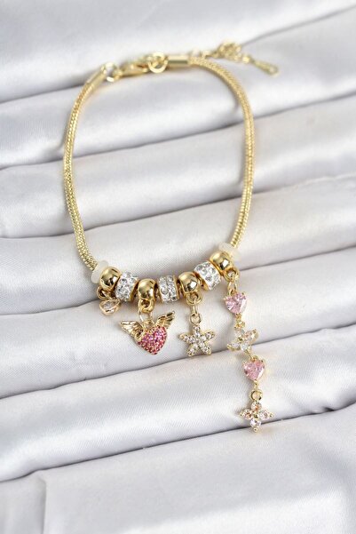 Generic Brand Brass Gold Color Heart and Flower Detailed Charm Women's Bracelet
