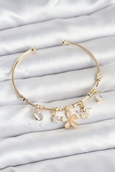 norsary Gold Color Brass Women's Bracelet with Flower and Butterfly Charms