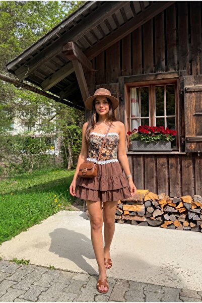 codudem Floral Desing Strapless Corset Blouse with Flower Pattern