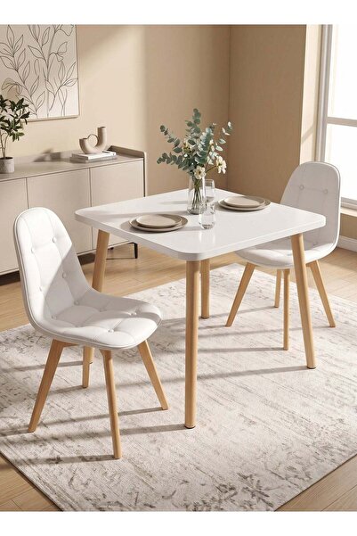 Taimi 3-Piece Modern Dining Set Square White Table 80x80x72cm With 2 White Le...