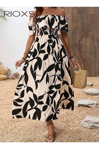 RIOXS Women's Off the Shoulder Floral Maxi Dress, Summer Ruffle A-line Beach ...