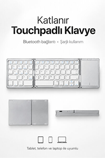 Zilvana Gümüş Katlanır Bluetooth Klavye Touchpadli, Şarjlı, Tablet Telefon La...