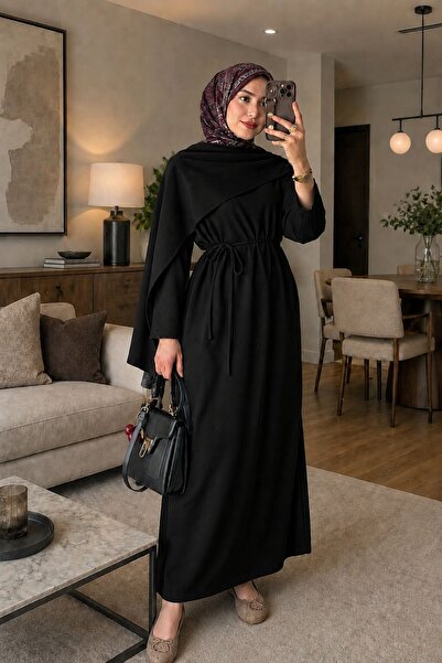 MAG FASHİON فستان حجاب أسود من قماش أوشوه مع ياقة شال